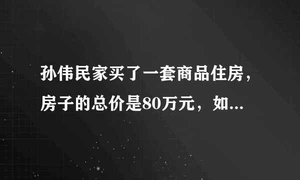 孙伟民家买了一套商品住房，房子的总价是80万元，如果一次性付清房款，就有九八折的优惠价。（1）打完折后，房子的总价是多少万元？（2）买房还要缴纳实际房价的1.5%的契税。买这套房子还须缴纳多少万元的契税？